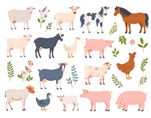 Assortment of farm animals, including sheep, cows, and pigs in various poses