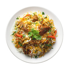 Savory rice dish with meat, cilantro, and peppers served on white plate