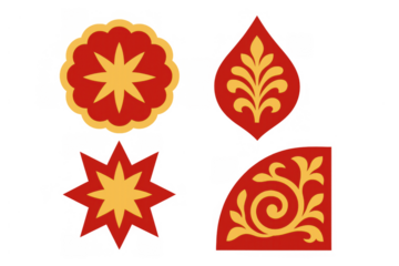 Decorative floral red and gold elements set for design, featuring abstract ornate motifs on transparent background