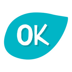 Cyan Leaf Shape With White OK Text And Subtle Drop Shadow On Transparent Background