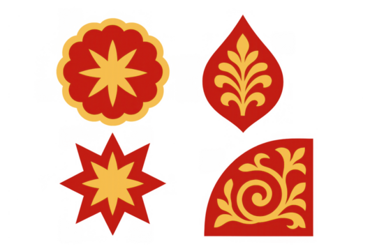 Decorative floral red and gold elements set for design, featuring abstract ornate motifs on transparent background