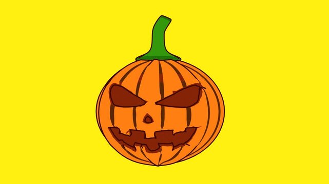 Halloween pumpkin illustration with a carved scary face, bold orange color, and green stem, set against a bright yellow background.