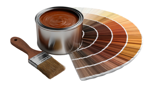 Brown paint can with brush and color swatches, warm hues arranged