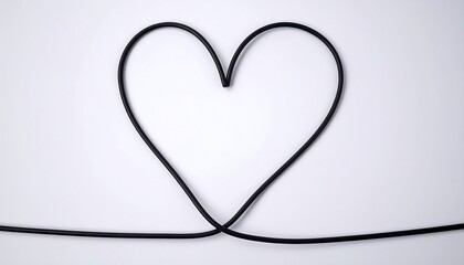 Fototapeta premium Graceful black cable artfully shaped into a minimalist heart, symbolizing modern connection, love, and intertwined destinies against a stark white backdrop