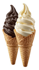 Chocolate & vanilla soft serve ice cream cones, side by side