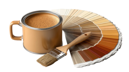 Tan paint can, brush, and fan deck of earth-toned color swatches