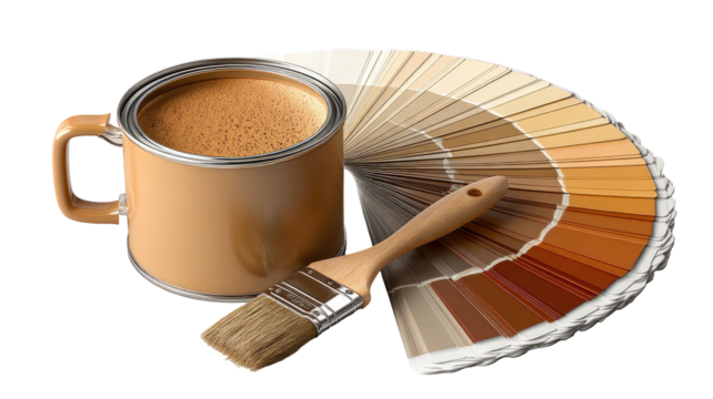 Tan paint can, brush, and fan deck of earth-toned color swatches