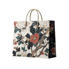 Floral shopping bag with rope handles on a black background