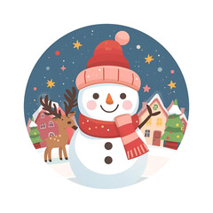 Cheerful Snowman in Whimsical Winter Village Scene With Deer and Snowflakes