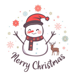 Cheerful Snowman With Red Hat And Scarf Celebrates Merry Christmas On A Starry Night