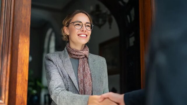 Meeting of Minds: A smiling professional woman extends her hand to shake with another in a formal greeting within a classic architecture doorway. The scene exudes an air of competence and a welcome.