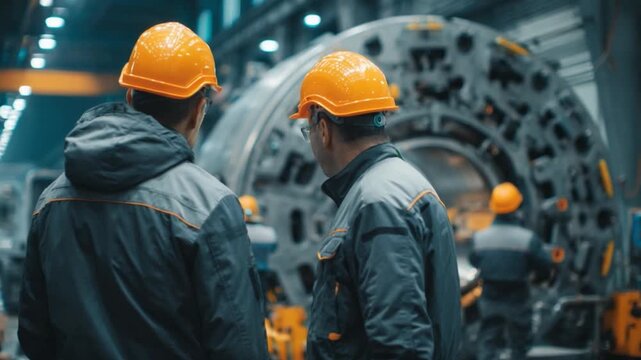 The Machinery's Guardians: Two diligent engineers don protective helmets, engrossed in a deep discussion about intricate machinery at a bustling industrial plant, capturing collaboration, knowledge.