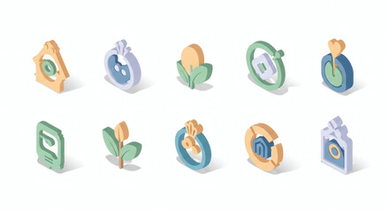 Isometric 3D icon set Modern pastel illustrations of business strategy, sustainable growth, smart technology, and community concepts for digital design projects.