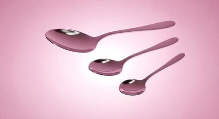 Three shiny pink spoons of different sizes float on pink gradient background