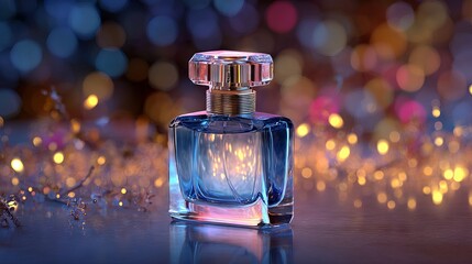 Vibrant glass perfume bottle on reflective surface with colorful bokeh lights elegant beauty fragrance mockup for branding advertising and social media with copy space