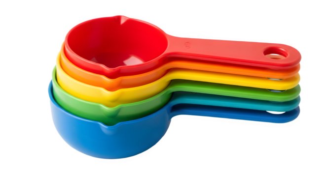 Stack of colorful measuring cups isolated on transparent background for cooking