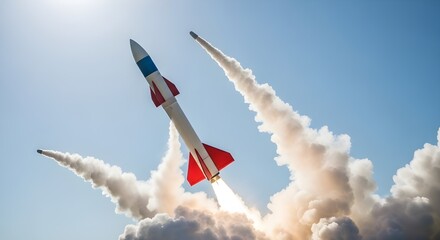 Rocket launch with smoke trail against blue sky on a sunny day