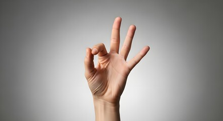 Hand showing okay gesture with three fingers up isolated on gray background