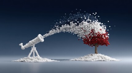 Telescope Observing a Disintegrating Tree into Particles.