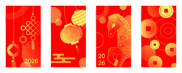 2026 Year of the Horse Premium Backgrounds Collection: Red and Gold Templates with Lanterns, Knot Ornaments, Horse Silhouette and Golden Coin Circles. Chinese New Year Posts, Stories.
