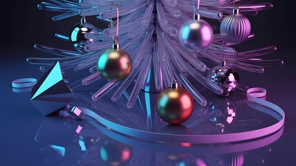 A futuristic Christmas tree with neon lights and metallic baubles on a reflective surface.