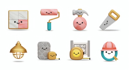 Adorable Collection of Essential Home Improvement Tools and Building Elements with Charming Faces, Perfect for Creative Design Projects