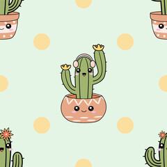 A seamless pattern featuring the cartoon cactus on a mint green background. This kawaii design is perfect for children fabric, digital paper, or textile projects with a fun, cheerful and western style