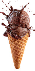 Chocolate ice cream cone with a splash on a black background
