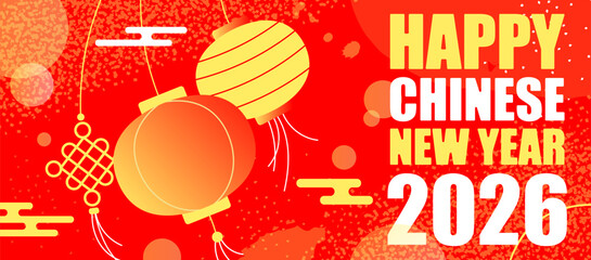Happy Chinese New Year 2026. Red and Gold Lanterns Banner with Traditional Knots and Golden Clouds. Festive Oriental Celebration Background.
