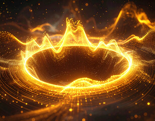 Golden sound waves visualizer with bright light pulses forming patterns around a central, empty space