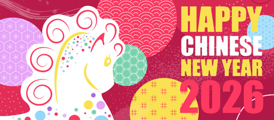 Happy Chinese New Year 2026 Patterned Horse Banner. Year of the Horse Celebration with Colorful Circles and Traditional Oriental Patterns. Festive Asian Card Template Design.