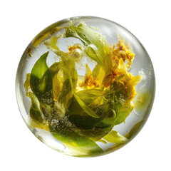 Sphere with floating green leaves and gold particles in water