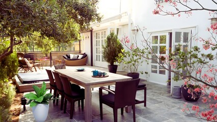 Luxury Home Patio with Modern Outdoor Dining and Blooming Garden