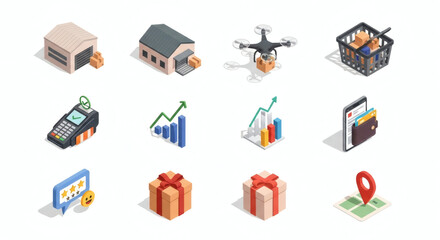 Isometric Icons for E-commerce and Logistics Digital Business, Online Shopping, Delivery, Payment, Supply Chain Management, and Growth Analytics