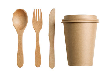 Wooden cutlery set beside a tan paper coffee cup on black background