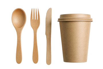 Wooden cutlery set beside a tan paper coffee cup on black background
