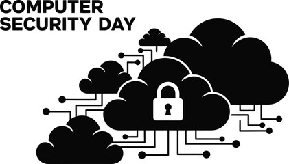 Computer security day illustration with cloud computing and padlock