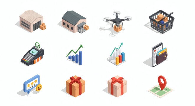 Isometric Icons for E-commerce and Logistics Digital Business, Online Shopping, Delivery, Payment, Supply Chain Management, and Growth Analytics