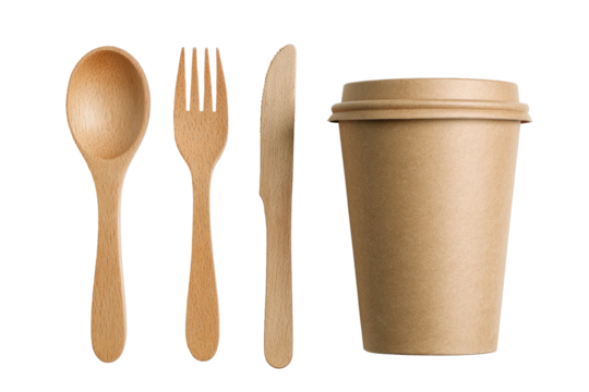 Wooden cutlery set beside a tan paper coffee cup on black background