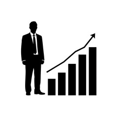 Businessman standing next to a rising bar graph on transparent background suit