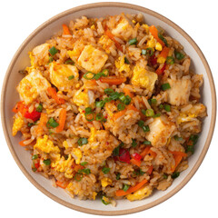 Rice dish with tofu, carrots, eggs, and chives in a white bowl