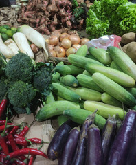 Colorful Assortment of Fresh Vegetables at Traditional Asian Market