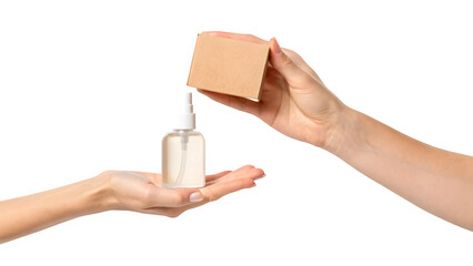 Hand passing hand sanitizer bottle and small cardboard box giving receiving
