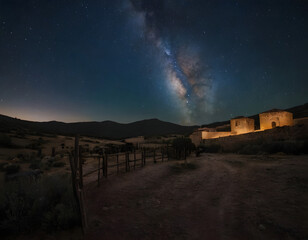 Corral under the Milky Way in Navalosa in Avila, Spain. sunset over the mountains.