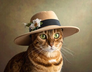 A stylish cat with striking eyes, wearing a decorated hat