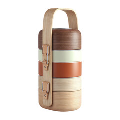 Stacked, wooden lunchbox-style container with a handle on black
