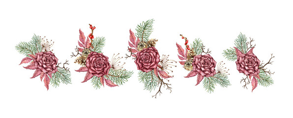 Burgundy roses, pine branches, cones, dried flowers, feather and berries set watercolor illustration. Winter New Year and Christmas bouquets, isolated from the background, perfect for holiday cards, 