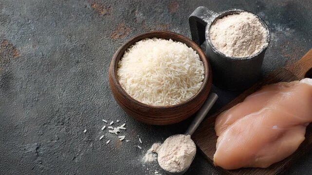 Nutritional Balance: A composition featuring the essential elements of a healthy diet, with meticulously arranged rice, flour, and chicken fillets. The scene highlights the cornerstone of well-being.
