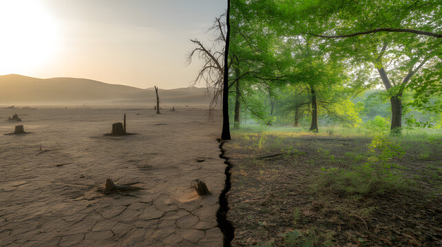 Split image showing a stark contrast between a dry, barren landscape and a lush, green forest, symbolizing climate change and environmental issues