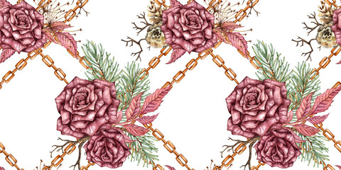 Burgundy roses, fir branches, cones, dry branches, dried flowers, leaves and chains seamless pattern watercolor illustration. Isolated, suitable for Christmas and New Year wrapping paper, fabric, 